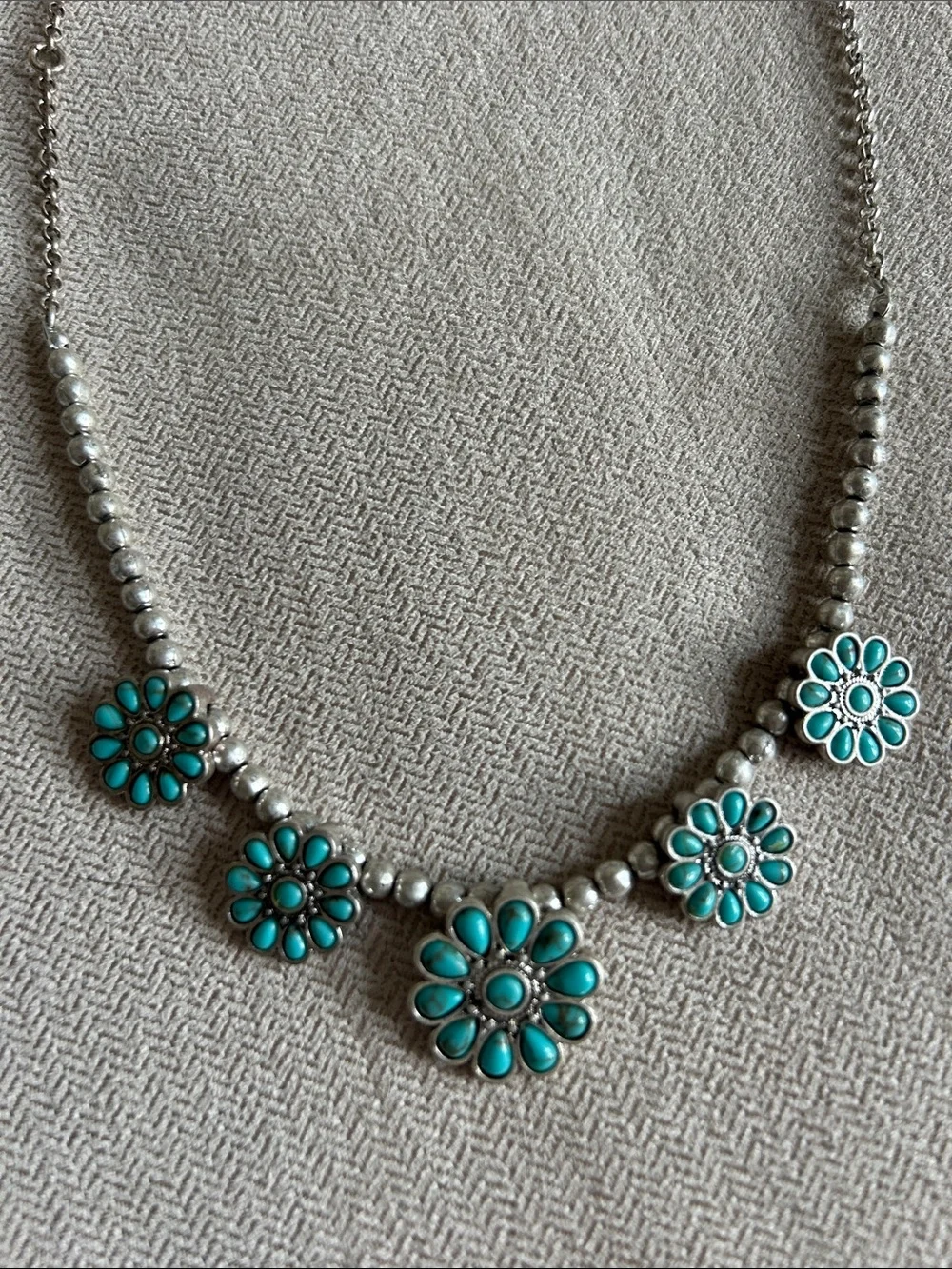 Lucky Brand Silver Tone Turquoise Daisy Blossom Collar Choker/Necklace 19in+2in
